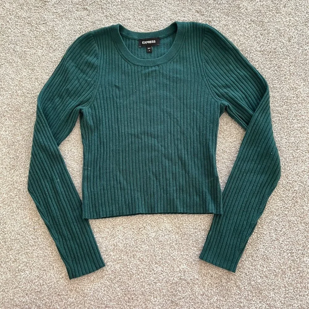 Express Emerald Green Round Neck Ribbed Stretch Long Sleeve Minimalist Top M - Picture 4 of 8